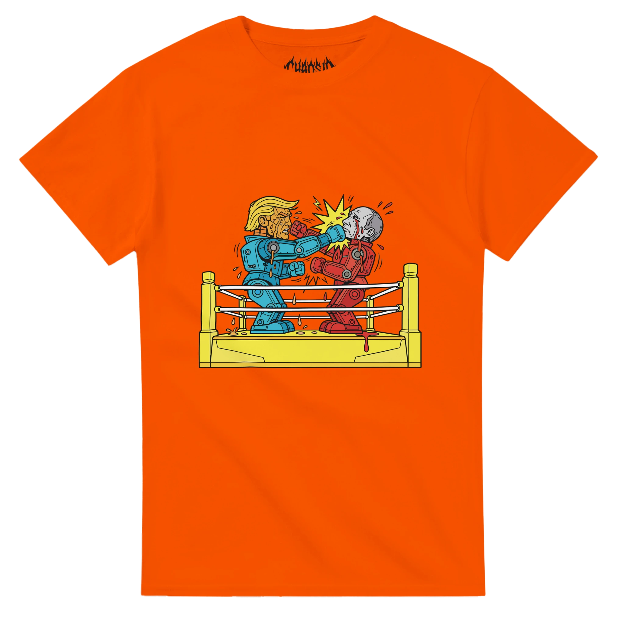 Bright orange Blamebots graphic tee featuring a bold skatewear and punk rock aesthetic