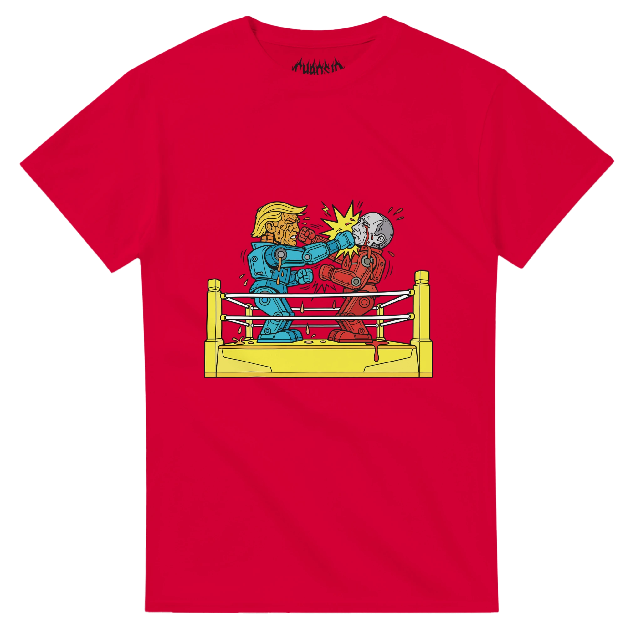 Vibrant red Blamebots graphic tee featuring a punk rock and alternative skatewear design