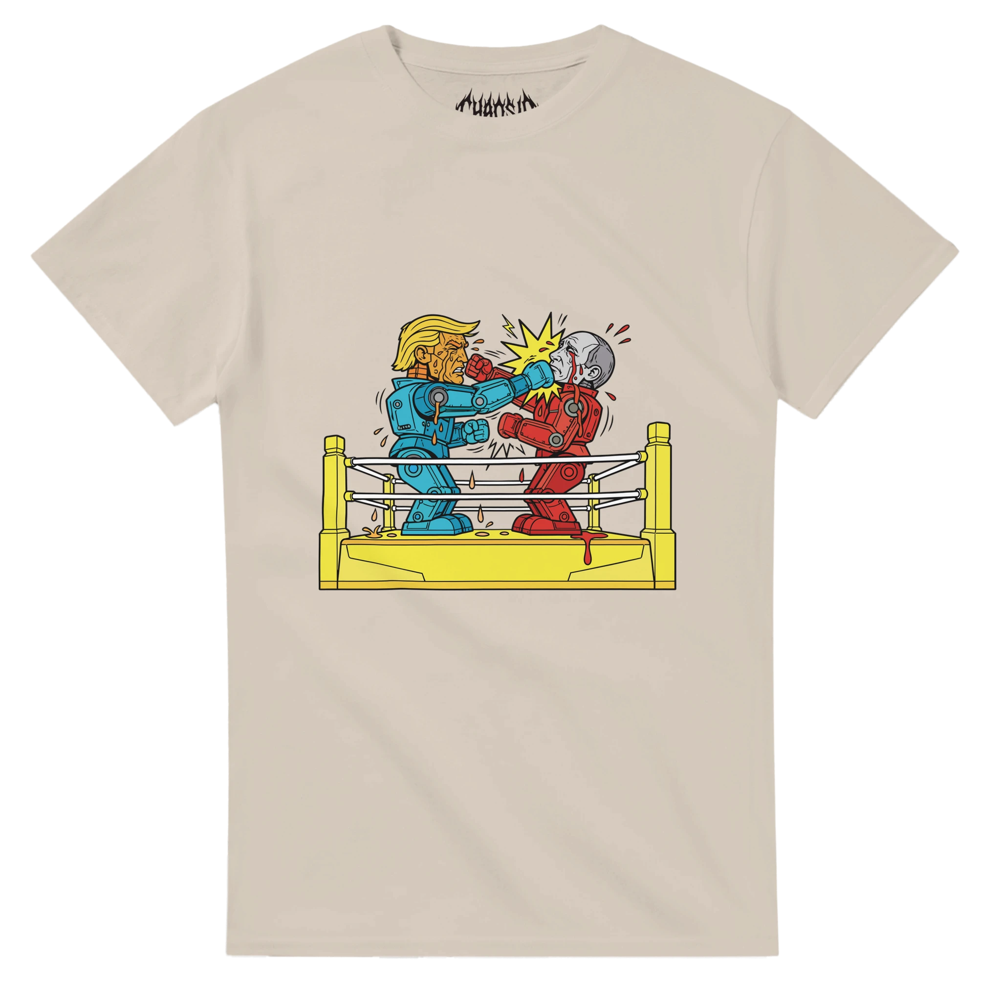 Sand colored Blamebots graphic tee with a satirical streetwear design