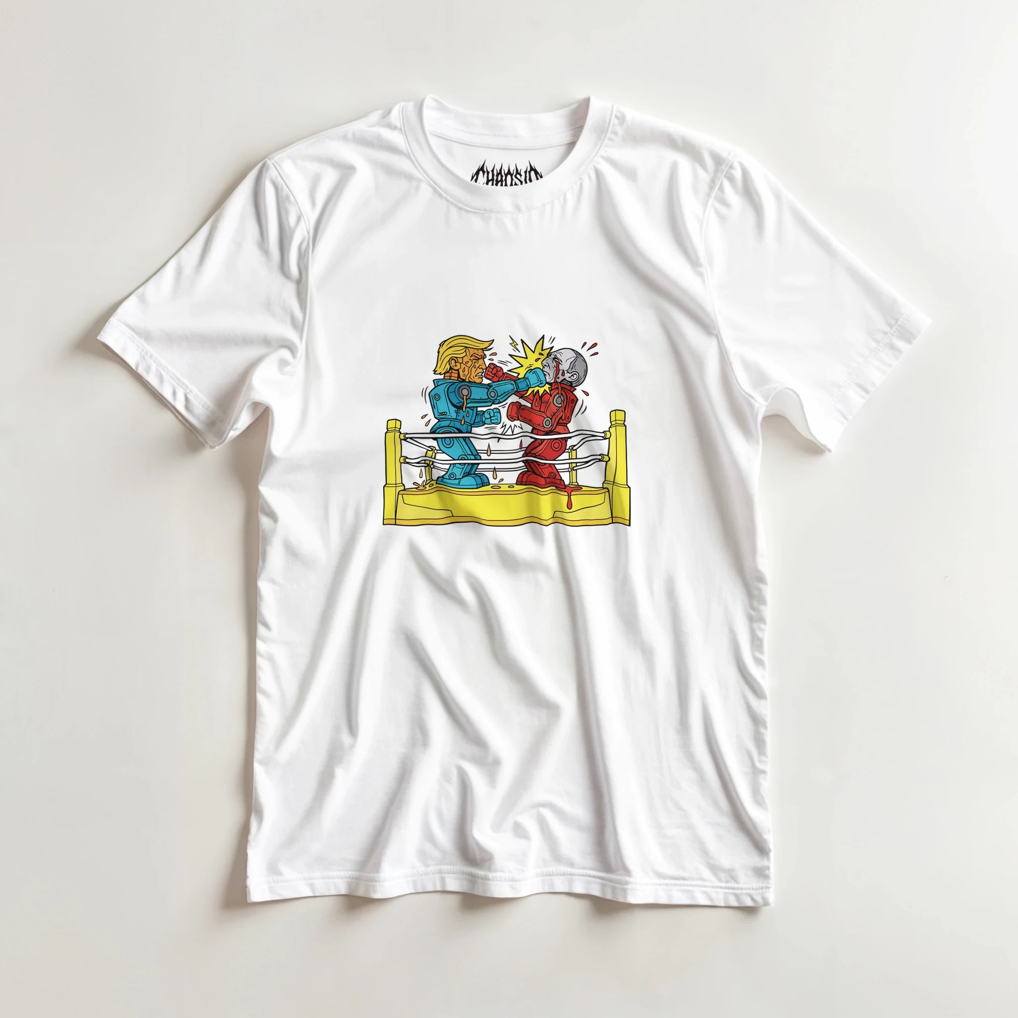 White Blamebots graphic tee featuring an edgy streetwear and skate design with a political satire robot boxing illustration
