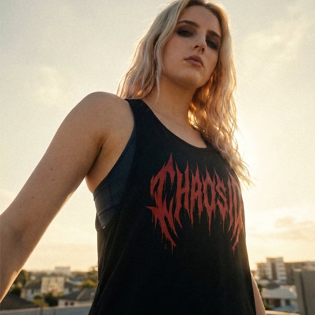 chaosid girl sports tank top black red logo