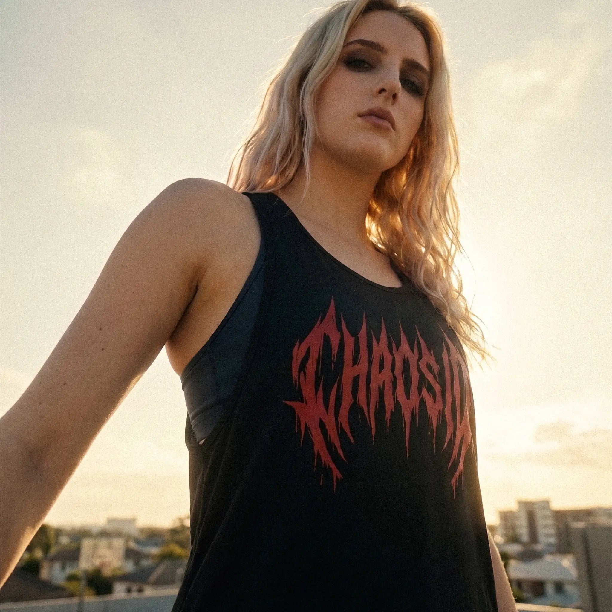 chaosid girl sports tank top black red logo