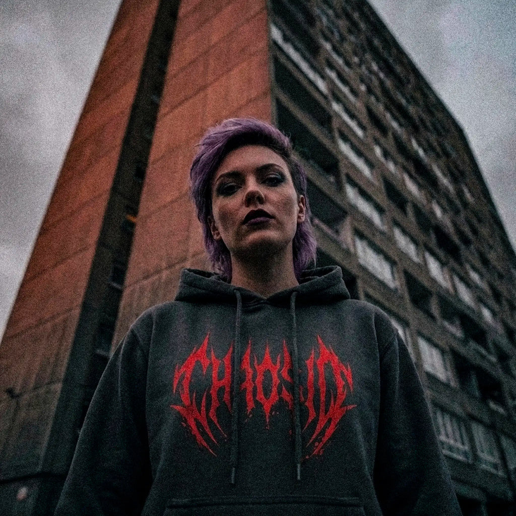 chaosid hooded top, decay edition red logo
