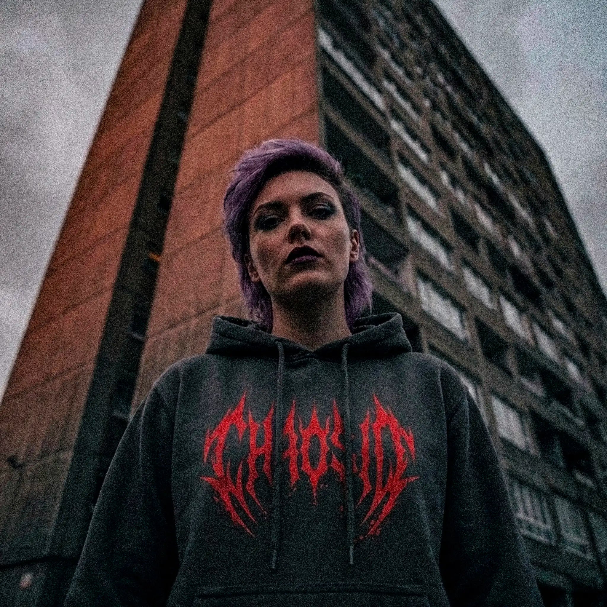 chaosid hooded top, decay edition red logo
