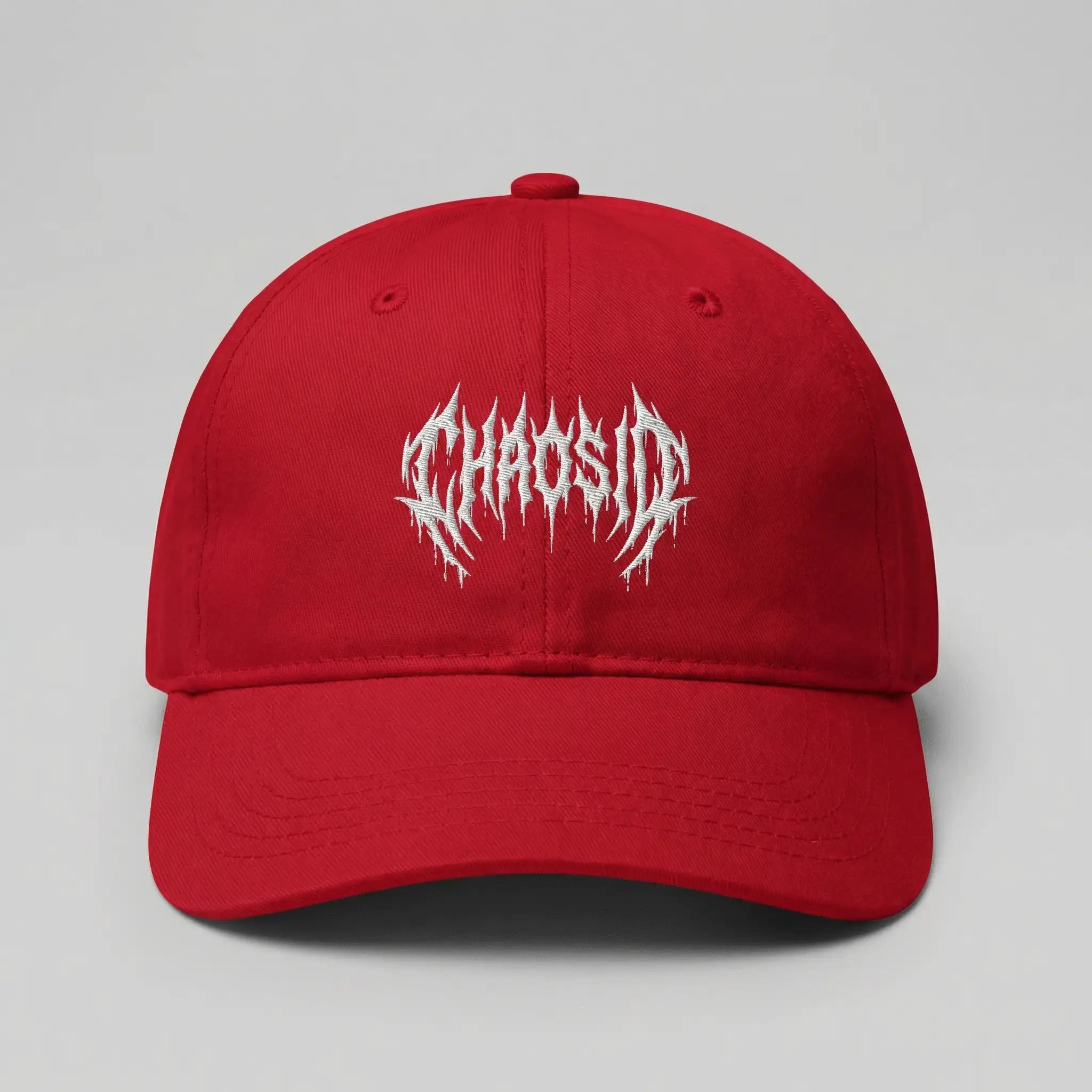 chaosid red baseball cap, flexfit, streetwear, skatewear