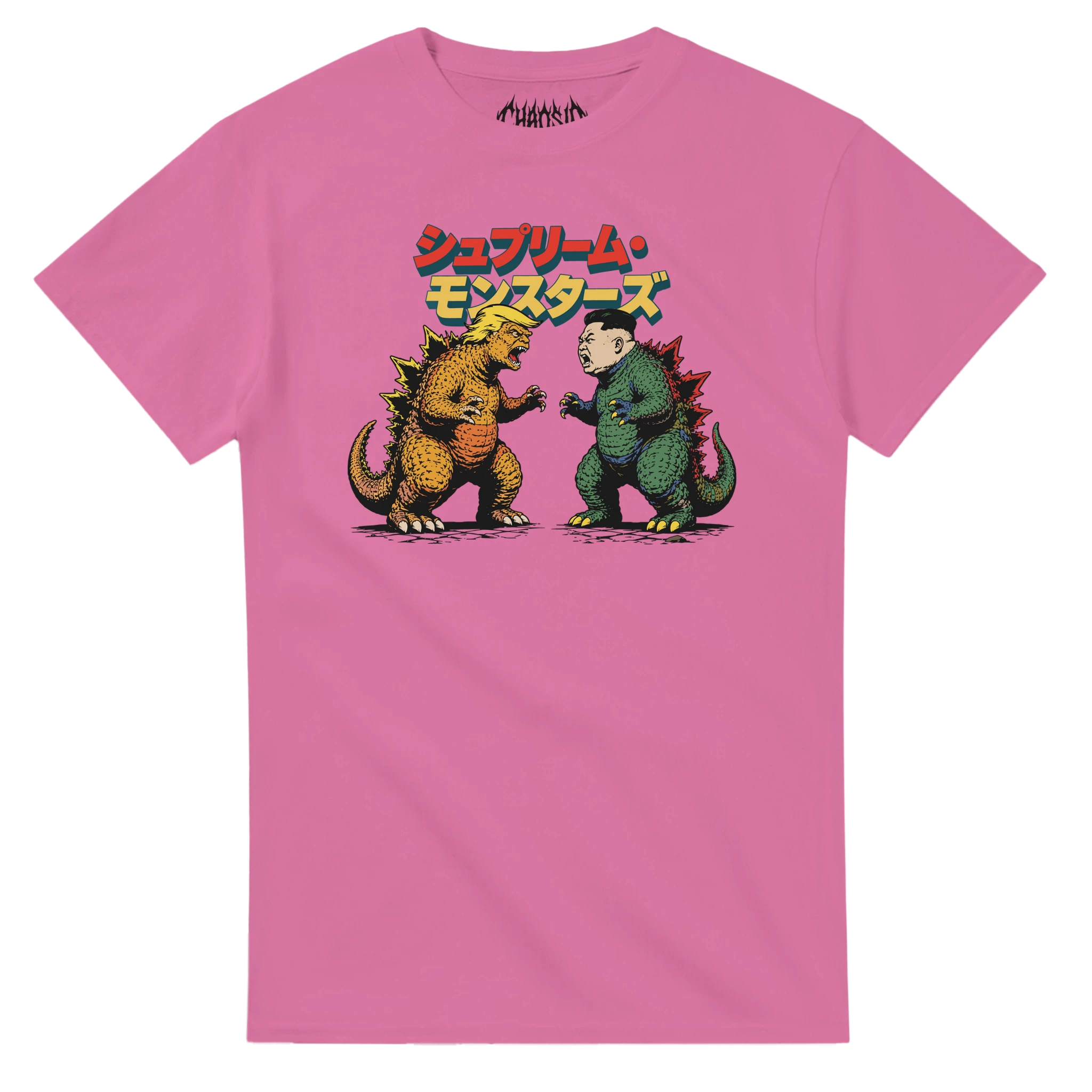 T-shirt graphique satirique rose ChaosID Supreme Monsters représentant Donald Trump et Kim Jong-un sous forme de monstres face à face