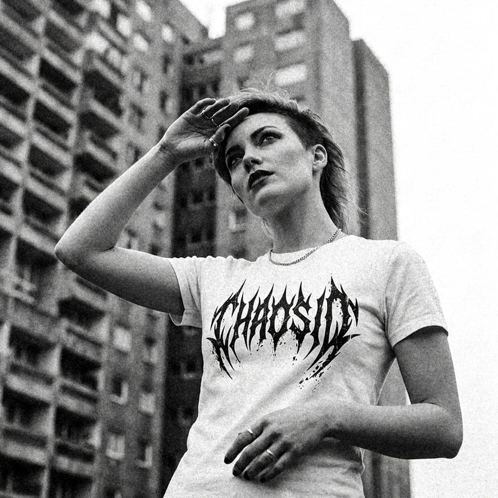 chaosid white tee, decay logo edition in black, streetwear