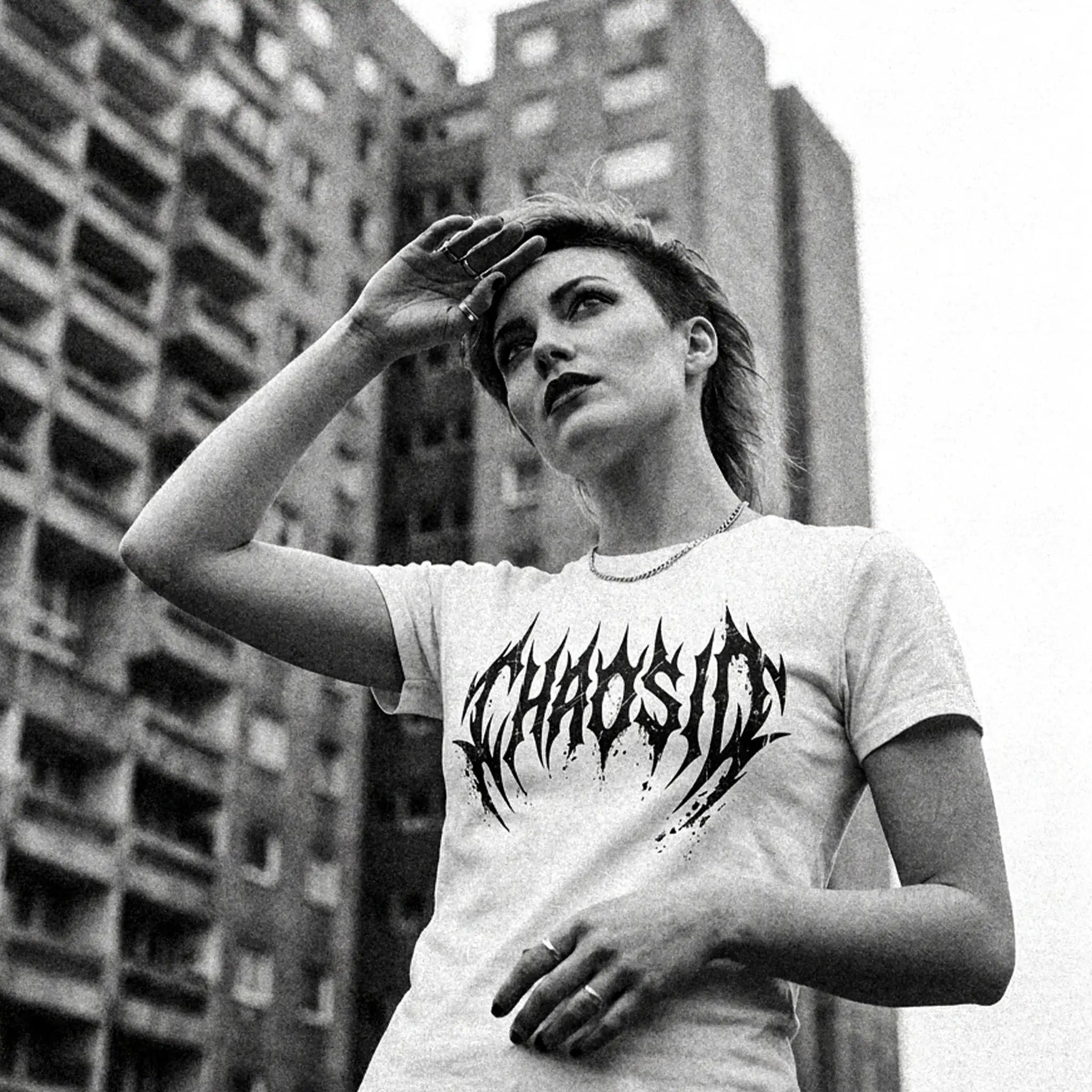 chaosid white tee, decay logo edition in black, streetwear