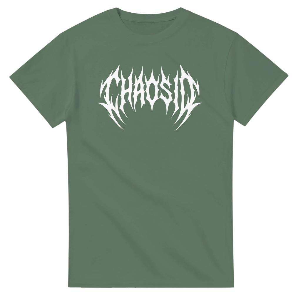Classic ChaosID tee, white logo, green color, skatewear, streetwear