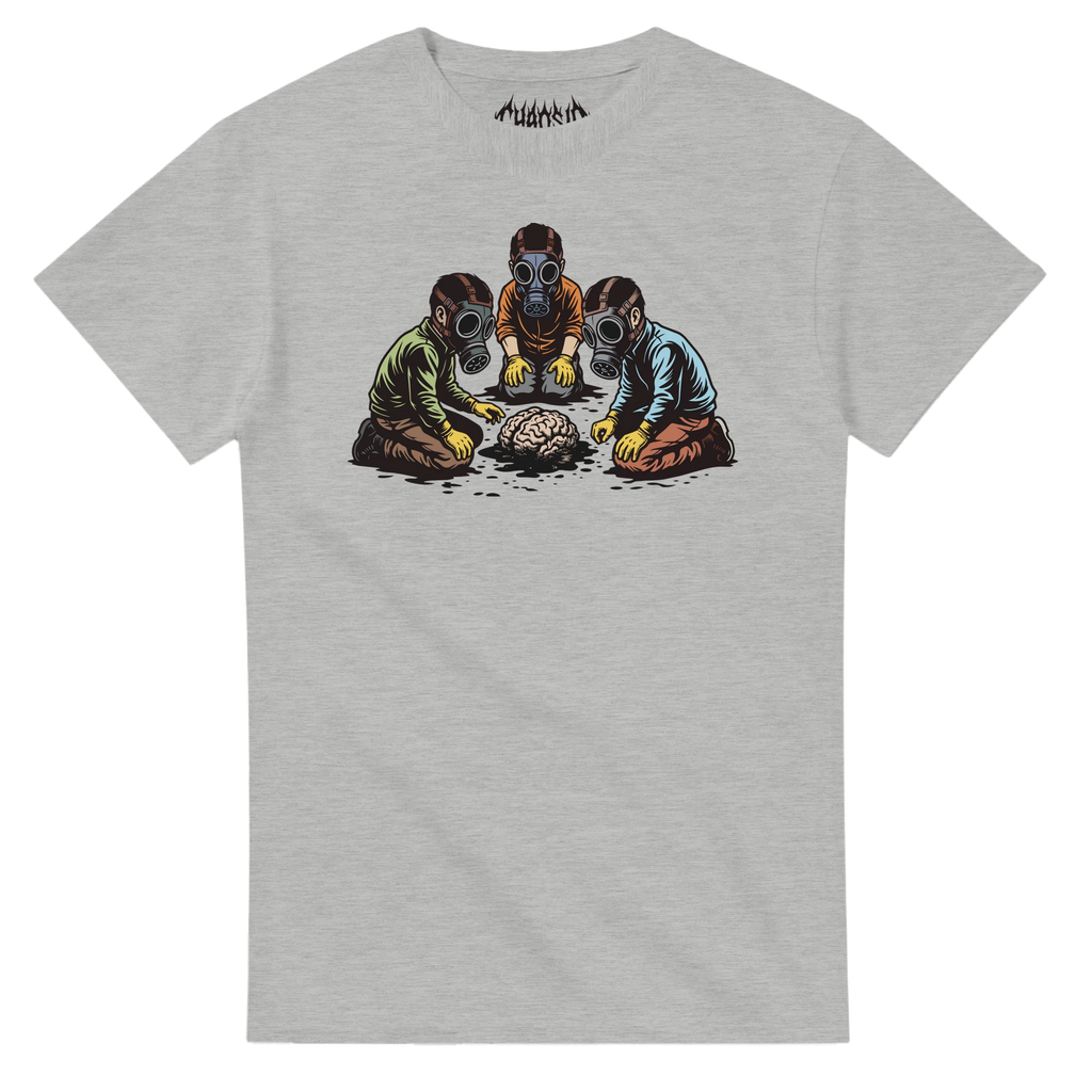 Ash grey Dark Matter graphic tee with a dark, nihilistic streetwear design showing an oozing brain fossil