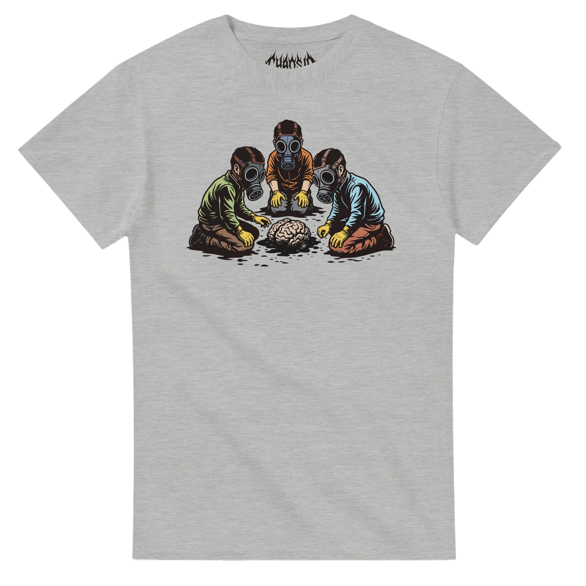 Ash grey Dark Matter graphic tee with a dark, nihilistic streetwear design showing an oozing brain fossil