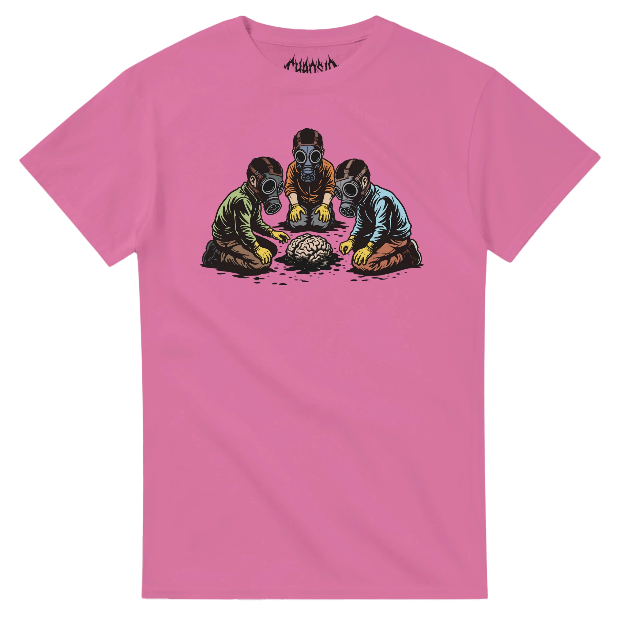 Vibrant azalea pink Dark Matter graphic tee, mixing a striking color with an edgy, underground post-apocalypse visual