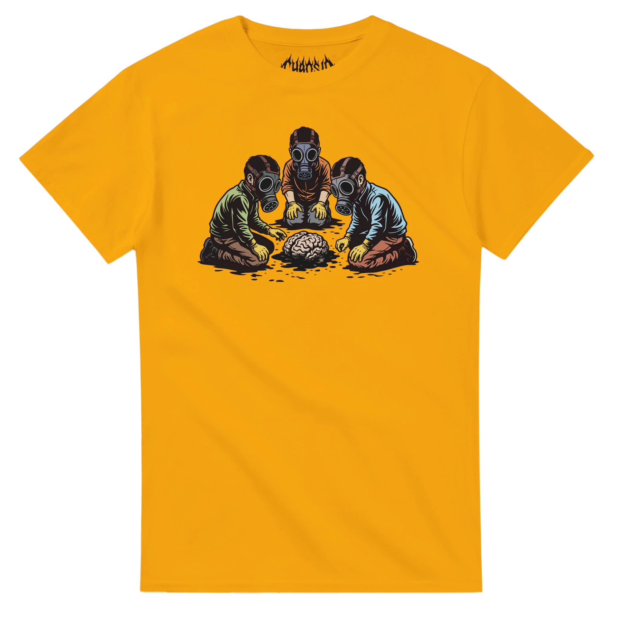 Bright orange Dark Matter t-shirt featuring a survival themed graphic art piece about the end of human civilization
