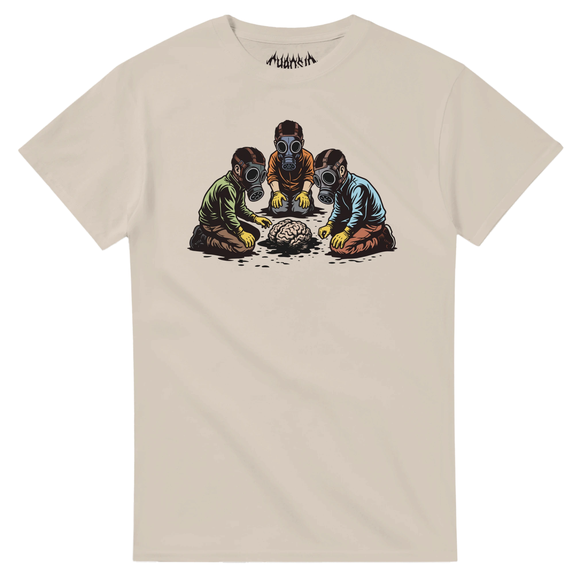 Sand colored Dark Matter t-shirt with an eco-grunge aesthetic, depicting surviving children exploring a ruined future world