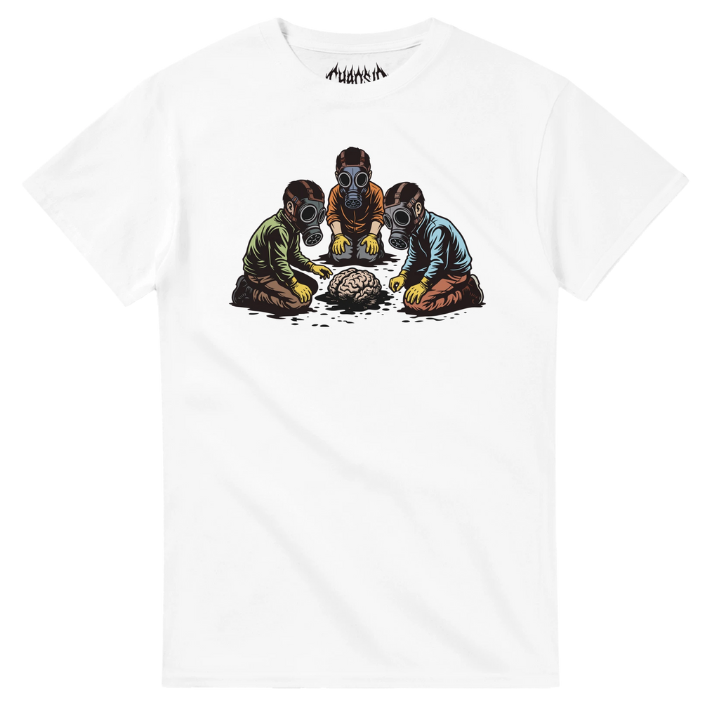 White Dark Matter graphic tee featuring a post-apocalyptic dystopian illustration of children finding a toxic human brain artifact