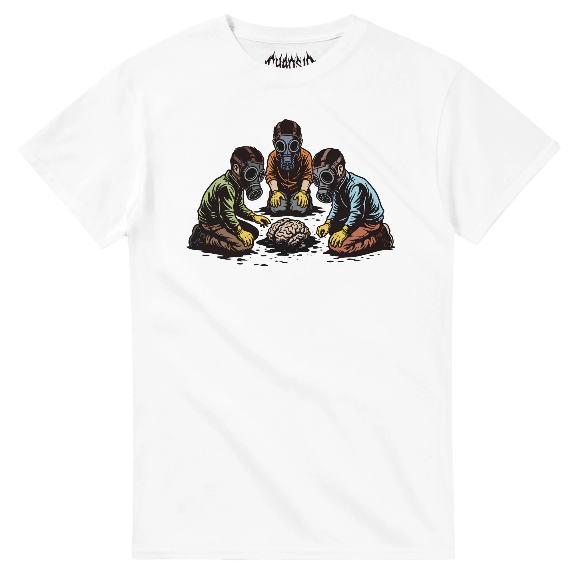 White Dark Matter graphic tee featuring a post-apocalyptic dystopian illustration of children finding a toxic human brain artifact