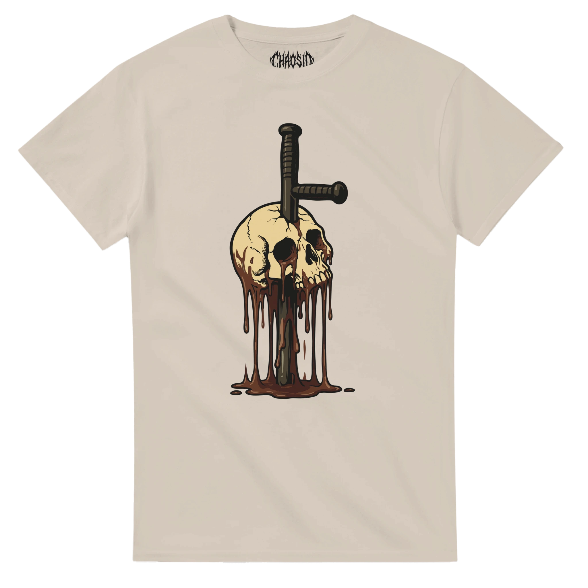 fustis erectus tee, beige, chaosid streetwear. Independent brand graphic tee featuring a skull and police baton underground streetwear style.