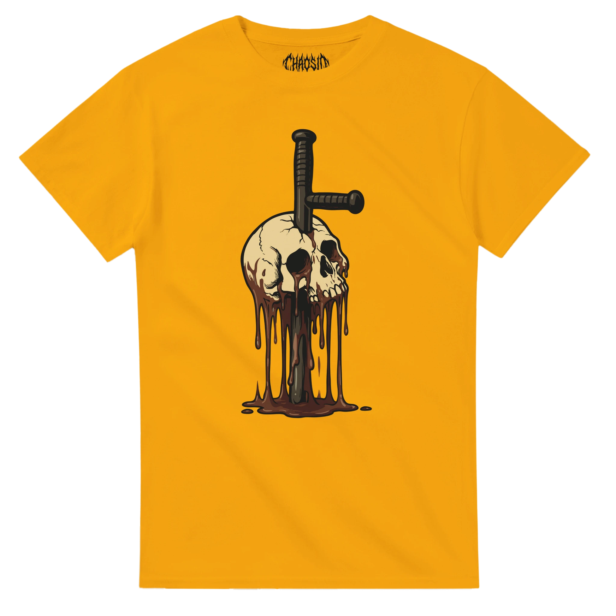 ChaosID Independent brand graphic tee featuring a skull and police baton underground streetwear style. Fustis Erectus graphic, gold color