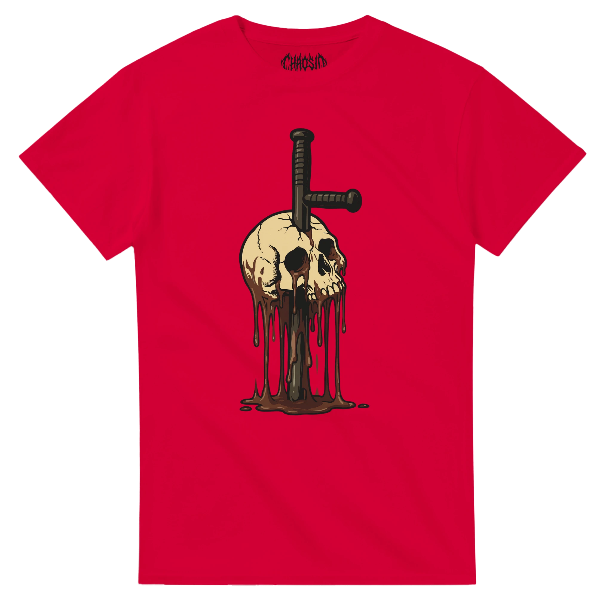 chaosid skatewear clothing, fustis erectus red tee, antisystem, anti establishment brand