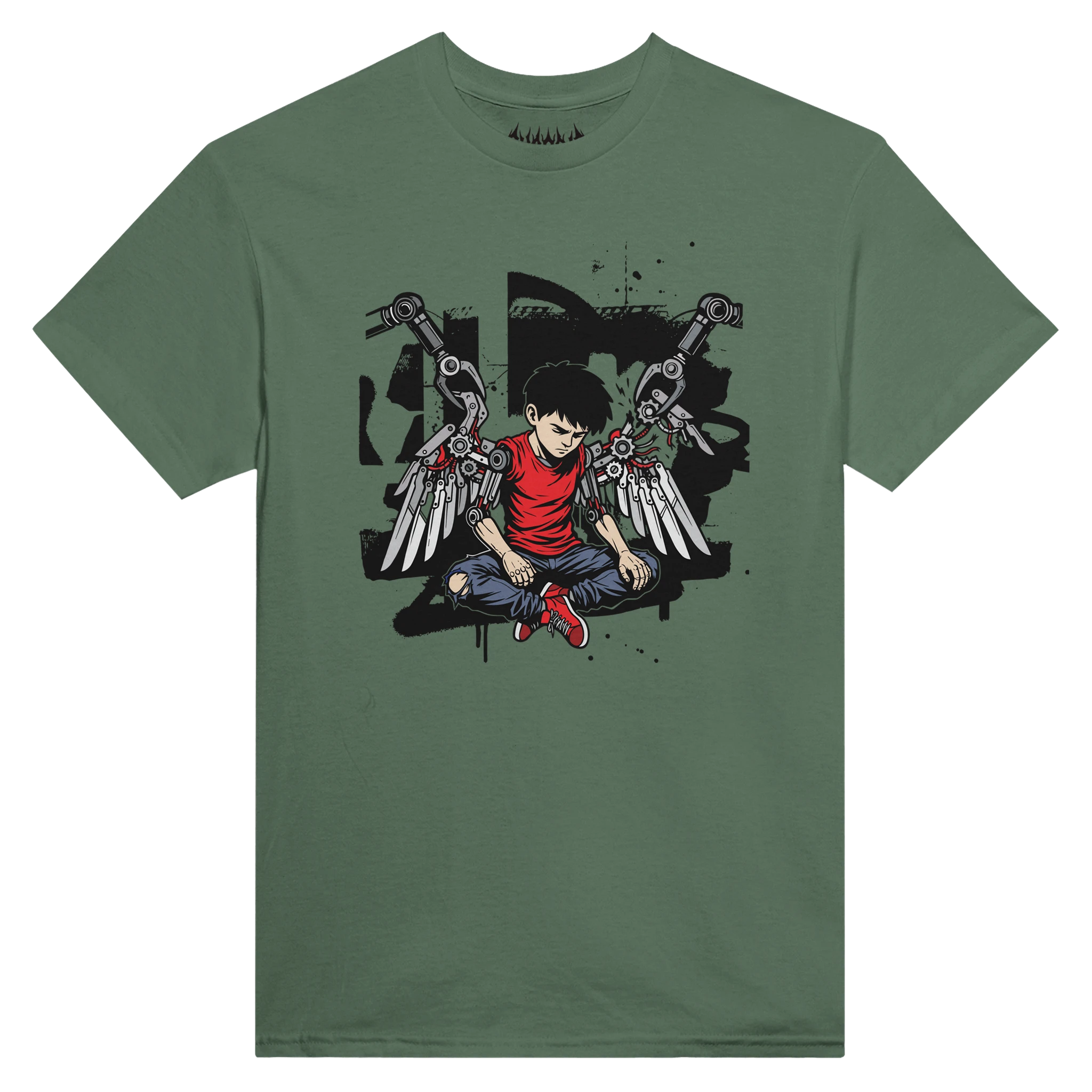 army green HUMAN.EXE graphic tee capturing a raw cybernetic rebellion concept for free spirits