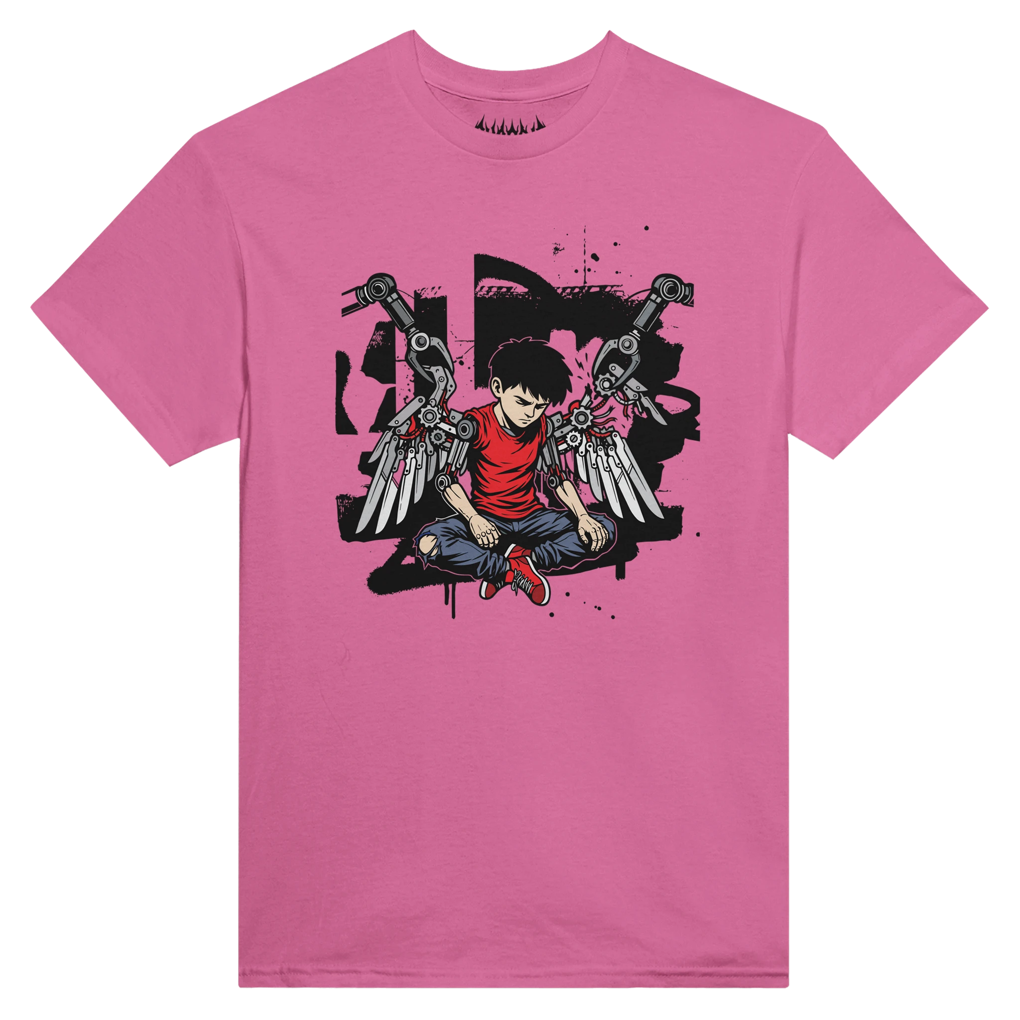 Vibrant azalea pink HUMAN.EXE graphic tee combining an intense color with an edgy urban art design