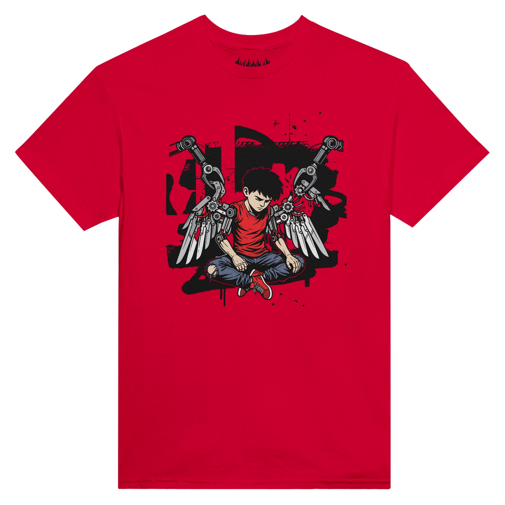 bright Red HUMAN.EXE graphic tee featuring a cyberpunk activist design of a fallen angel boy with mechanical wings