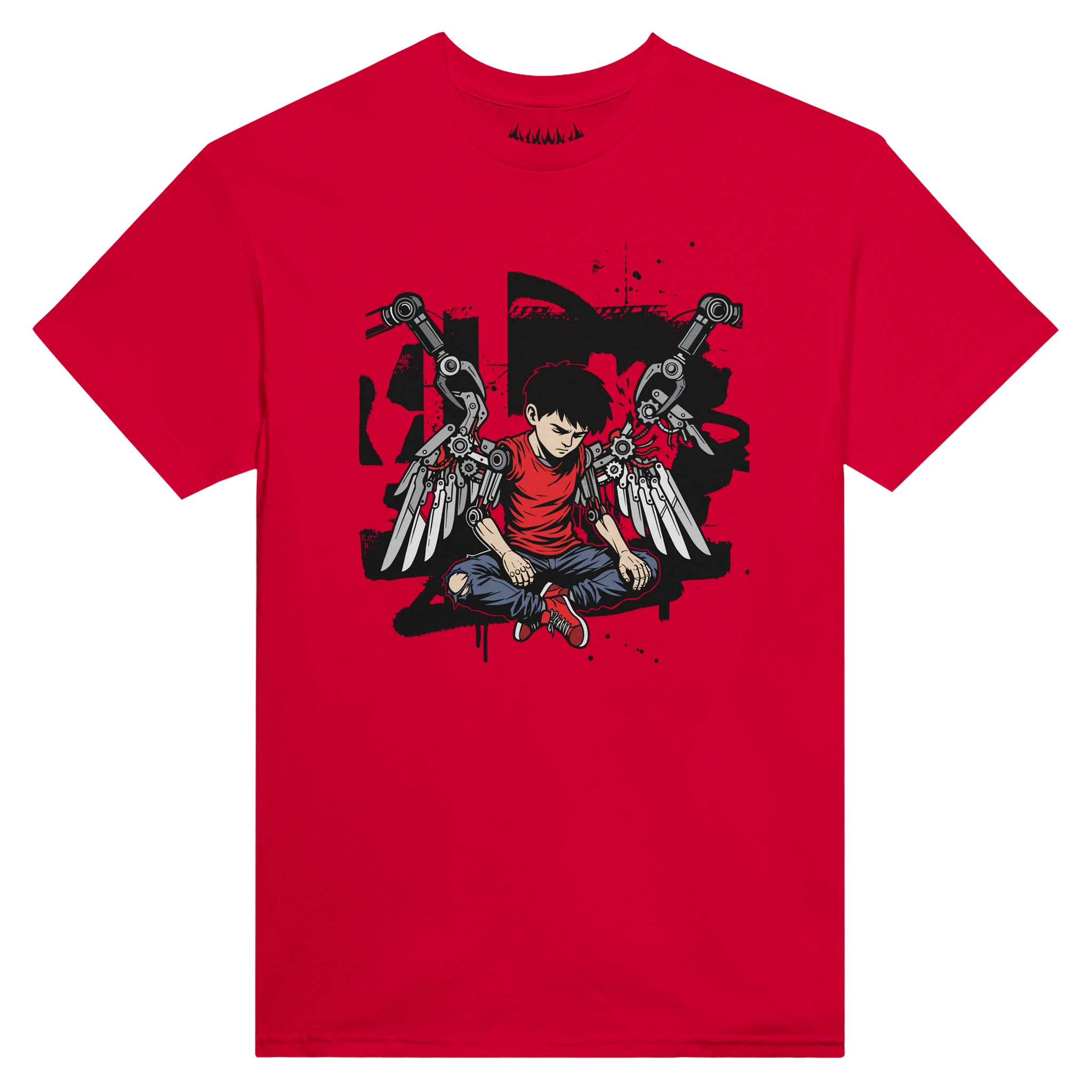 bright Red HUMAN.EXE graphic tee featuring a cyberpunk activist design of a fallen angel boy with mechanical wings