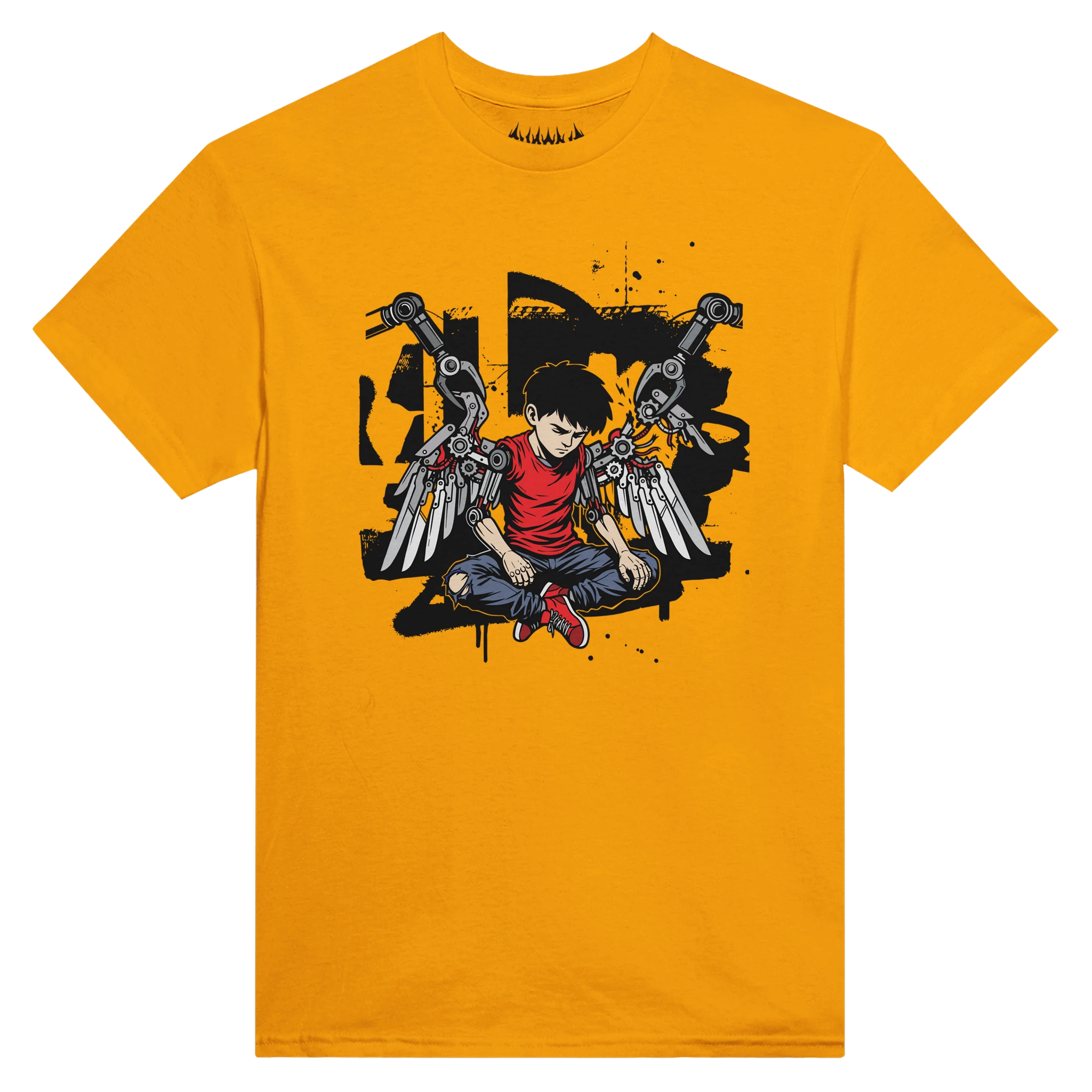 Gold yellow HUMAN.EXE graphic tee with an anti-tech grunge design representing resistance against cyber control