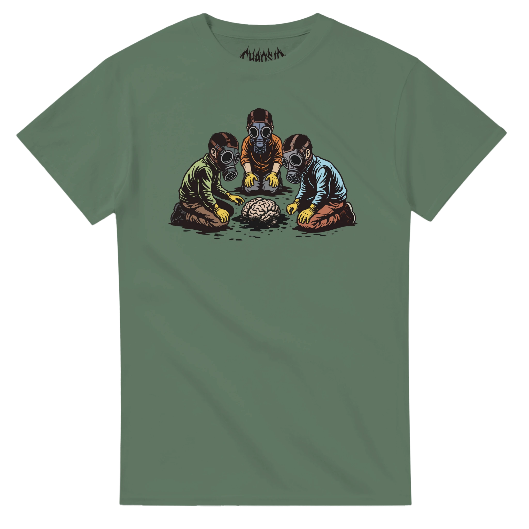 Military green HUMAN.EXE graphic tee capturing a raw cybernetic rebellion concept for free spirits