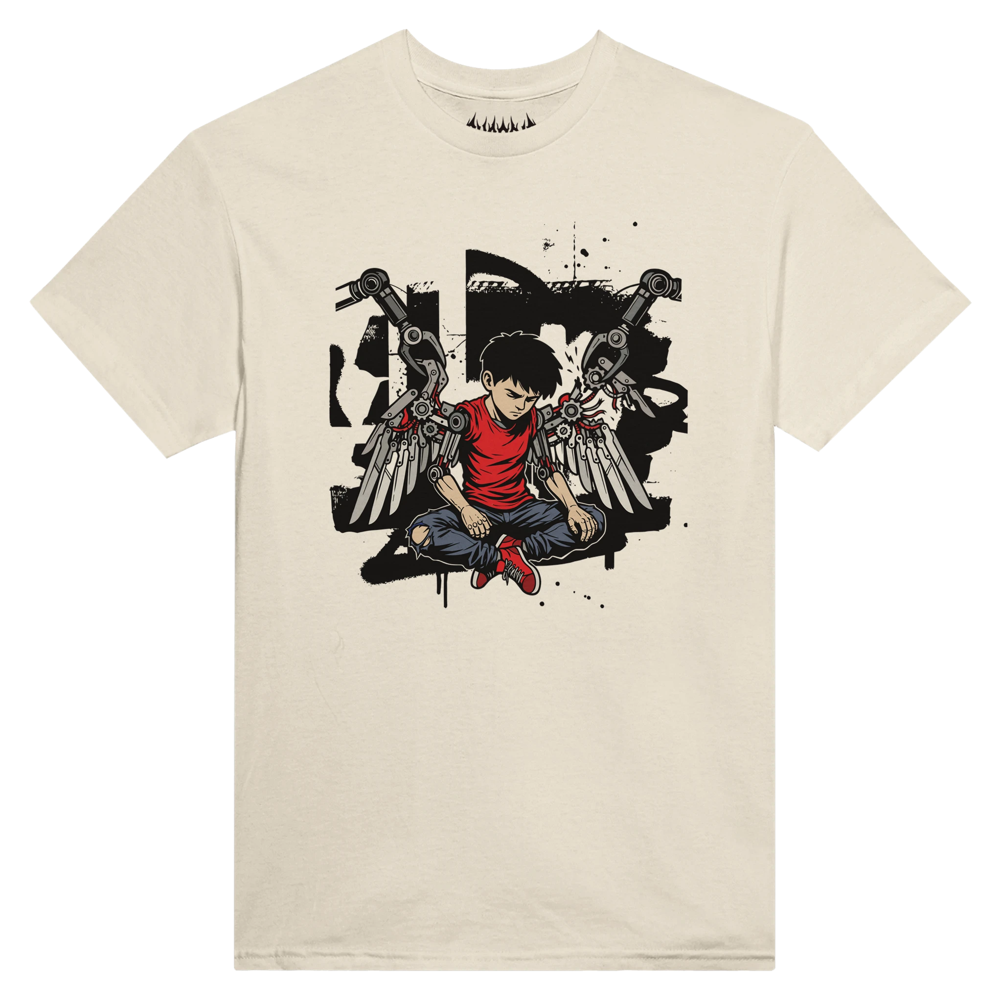 Natural cream HUMAN.EXE t-shirt with a dystopian skatewear aesthetic depicting a boy bound by mechanical wings