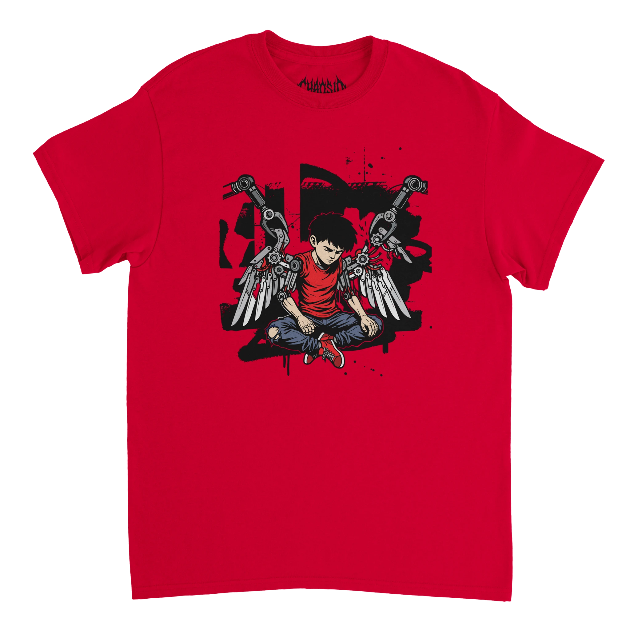Red HUMAN.EXE graphic tee featuring a cyberpunk activist design of a fallen angel boy with mechanical wings. streetweart, punk