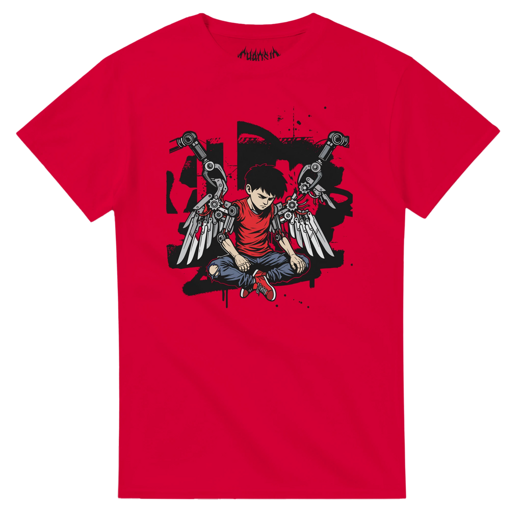 Red HUMAN.EXE graphic tee featuring a cyberpunk activist design of a fallen angel boy with mechanical wings