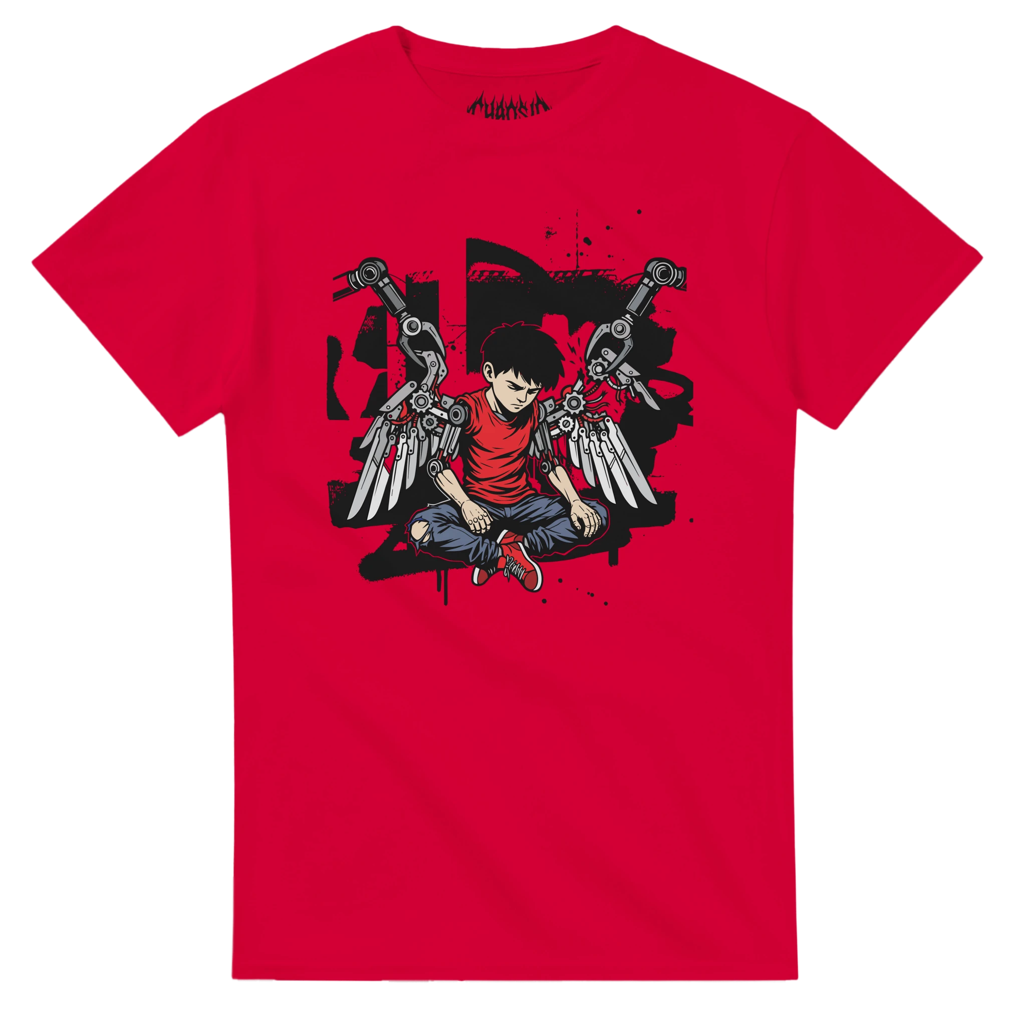 Red HUMAN.EXE graphic tee featuring a cyberpunk activist design of a fallen angel boy with mechanical wings