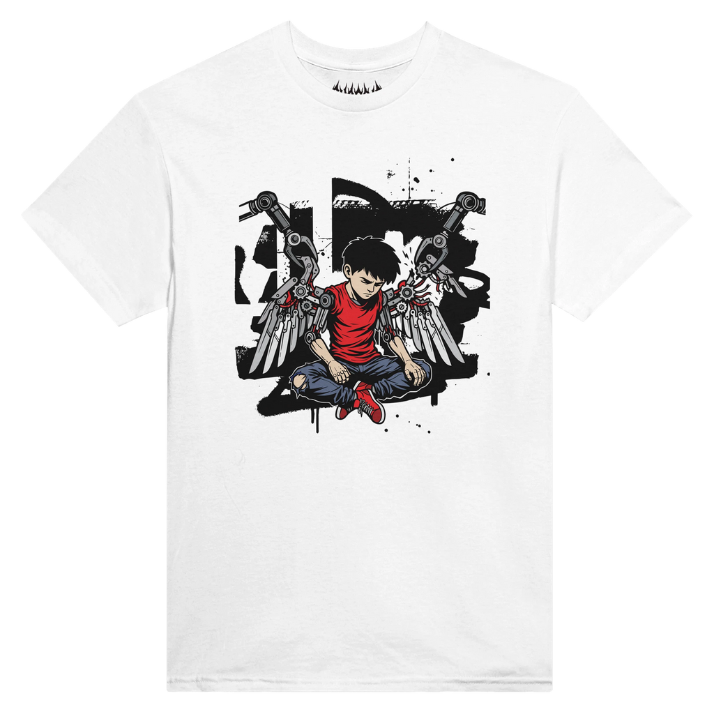 White HUMAN.EXE graphic tee exploring digital dependence, with a raw urban art style illustration of a cyber angel