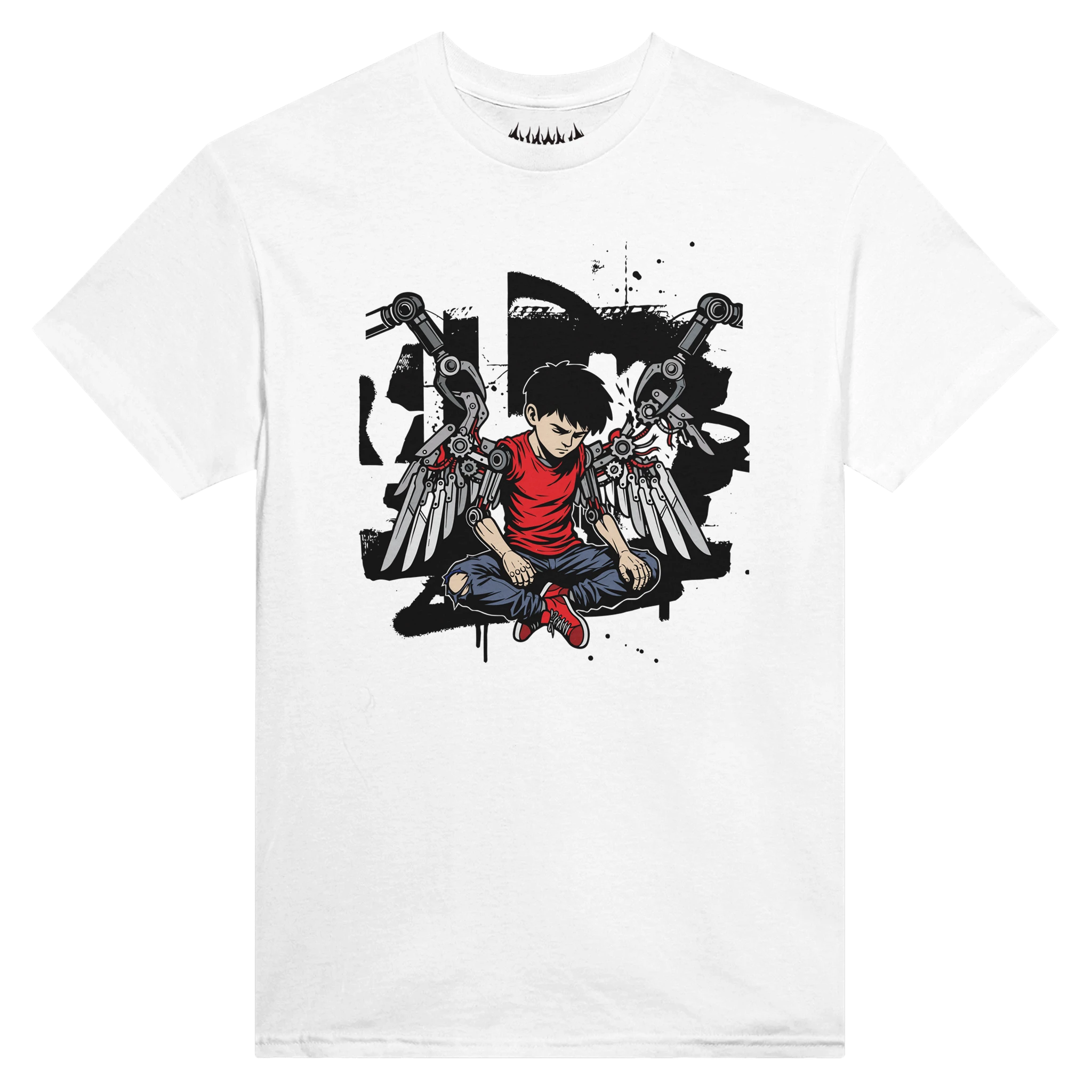 White HUMAN.EXE graphic tee exploring digital dependence, with a raw urban art style illustration of a cyber angel