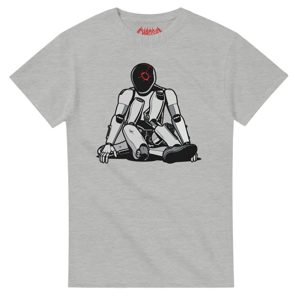 optimus crime vandalised robot tee, cool creative graphic tee, for skaters, antisystem clothing brand chaosid