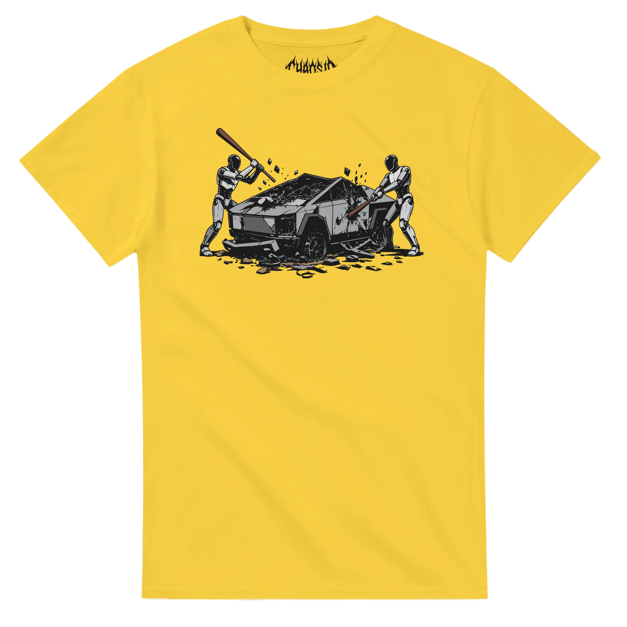 Daisy yellow Raze Against the Machine graphic tee featuring a dystopian streetwear design where androids destroy a futuristic tech vehicle with baseball bats