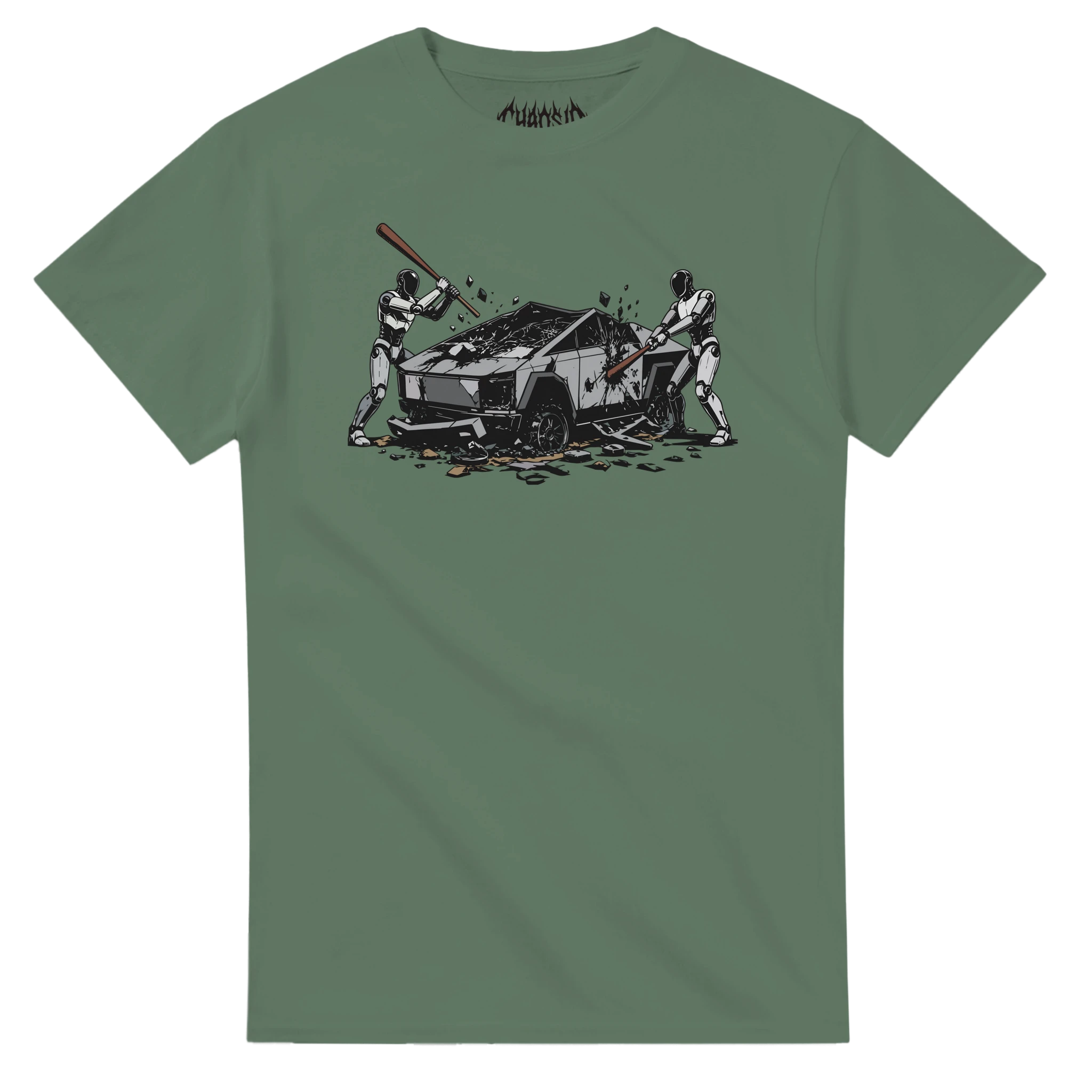 Green Raze Against the Machine graphic tee with a dystopian skate culture design about reclaiming power from soulless modern technology