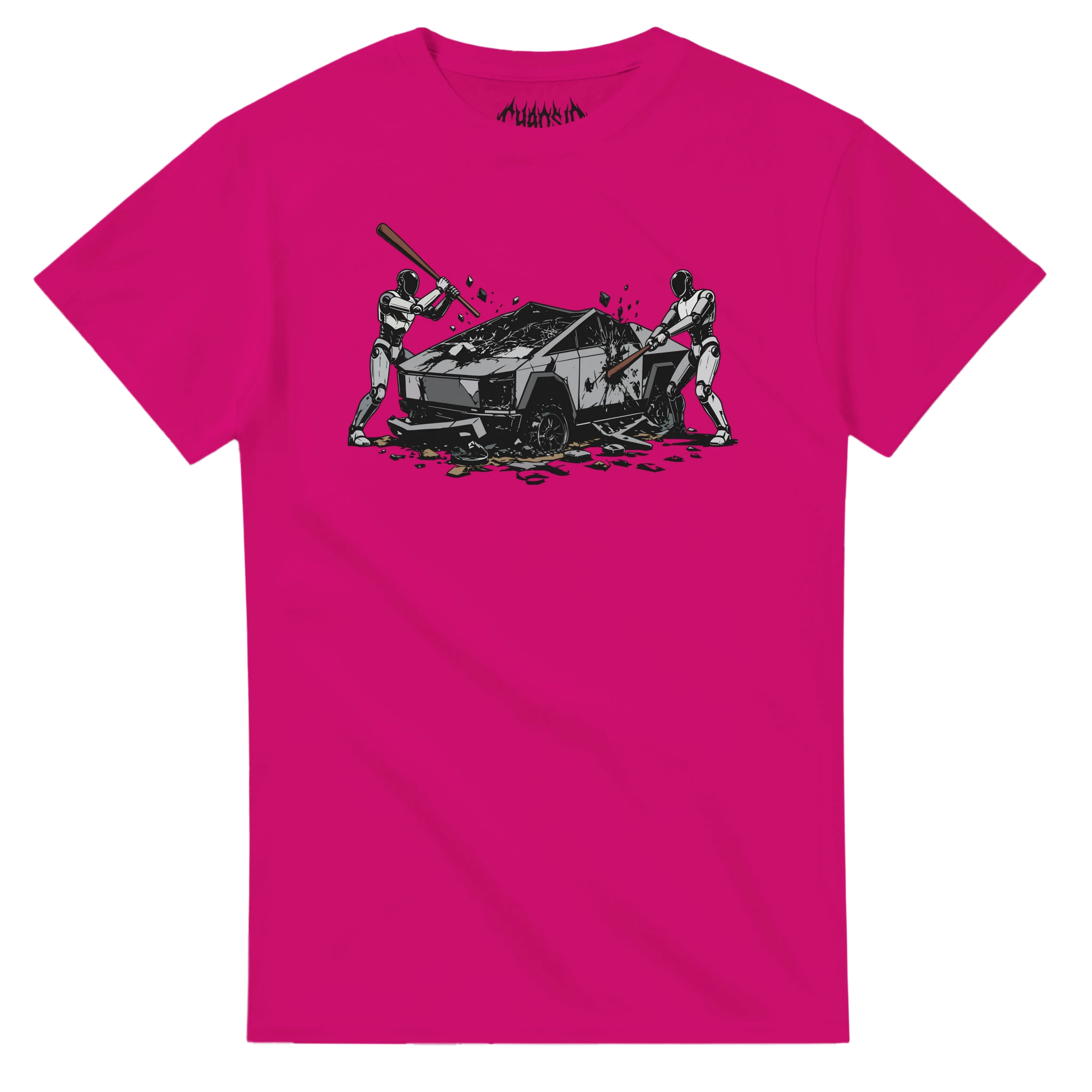 Heliconia pink Raze Against the Machine graphic tee for rebellious spirits, featuring a bold anti-tech illustration