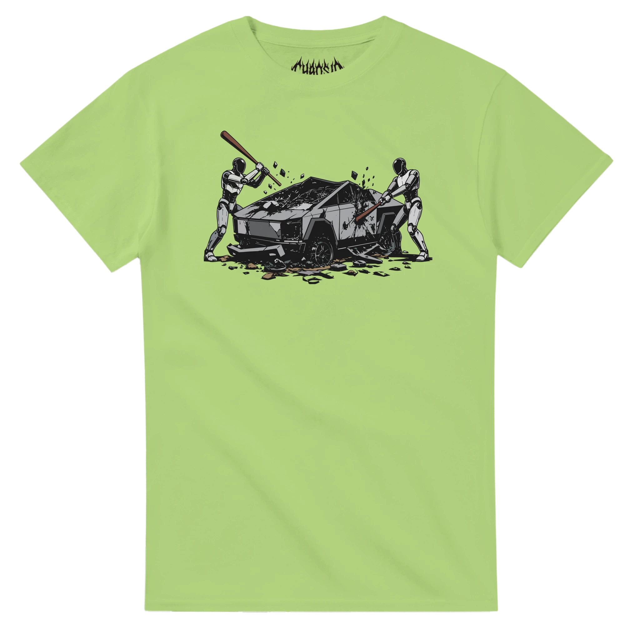 Kiwi green Raze Against the Machine t-shirt showcasing an anti-establishment grunge graphic of androids striking back against a dehumanized modern future