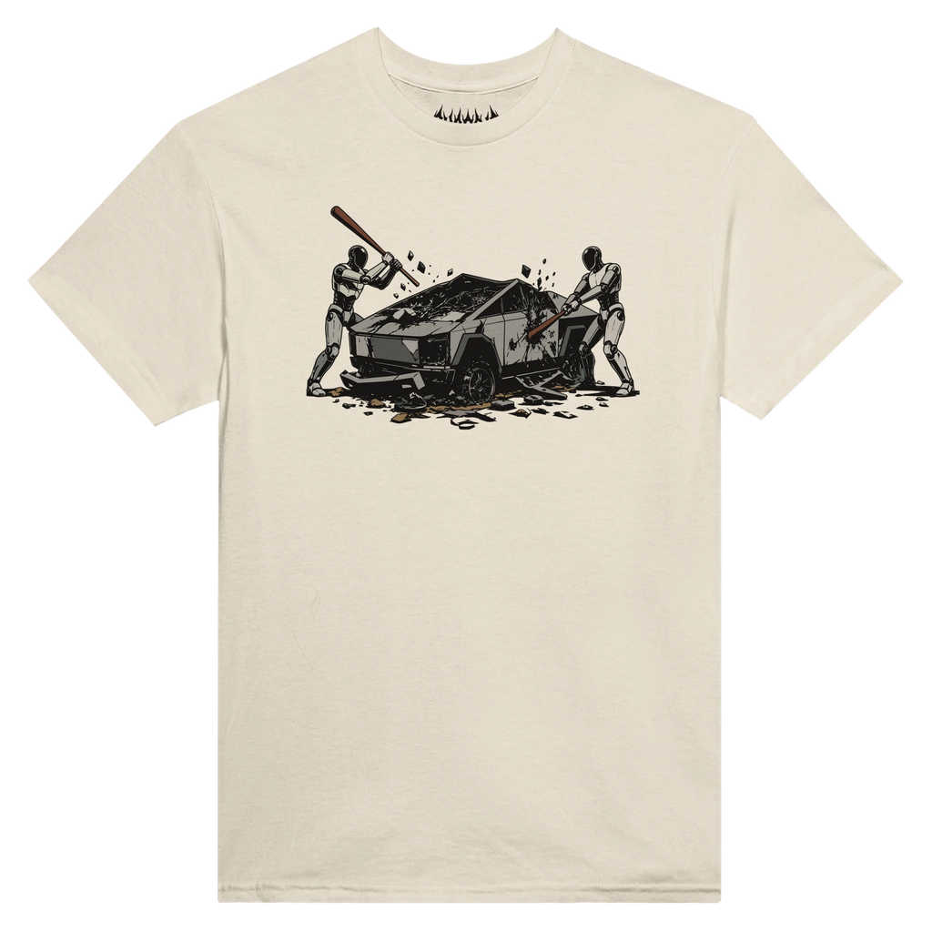 Natural cream Raze Against the Machine graphic tee showcasing a powerful, satirical cyberpunk scene of androids destroying a luxury tech car
