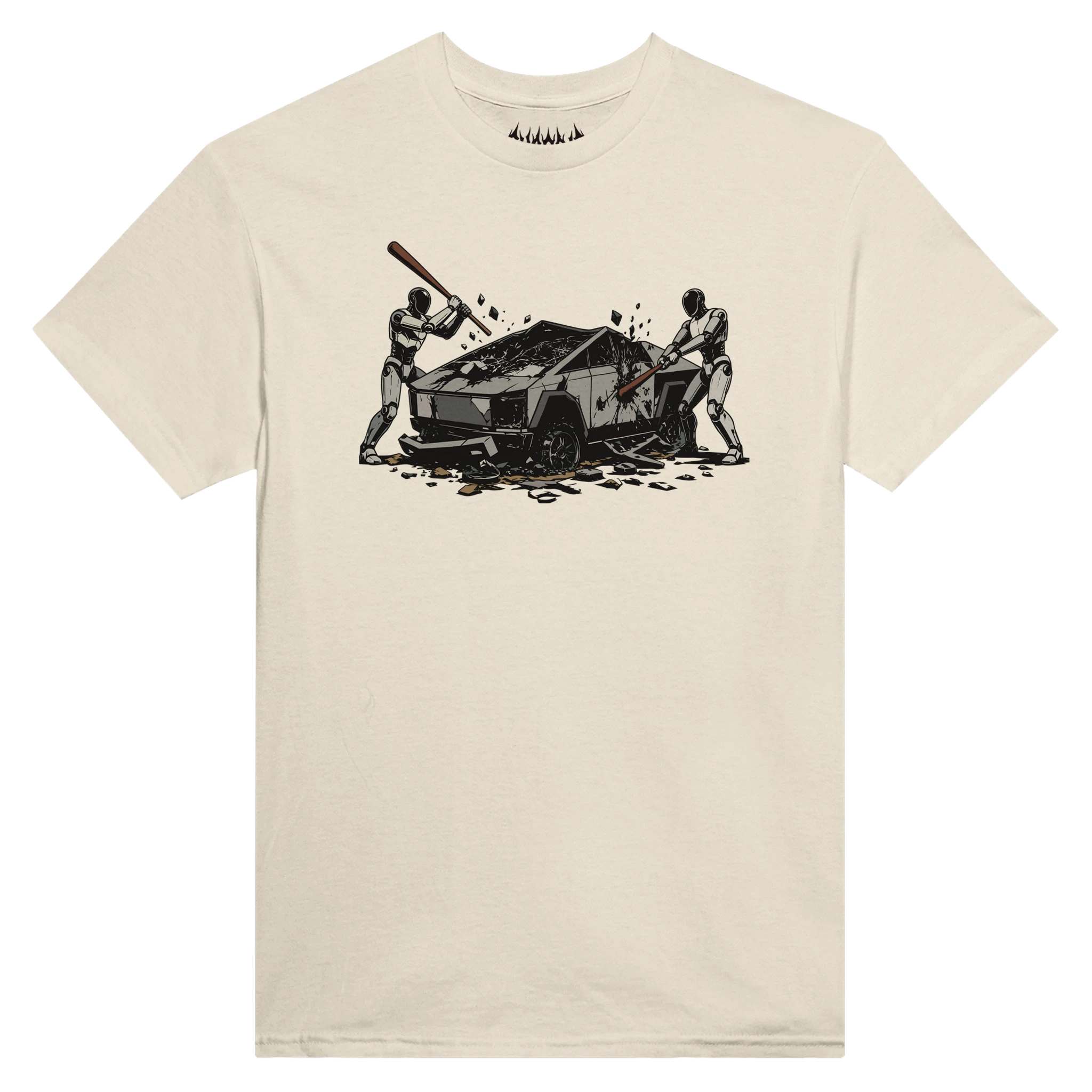Natural cream Raze Against the Machine graphic tee showcasing a powerful, satirical cyberpunk scene of androids destroying a luxury tech car