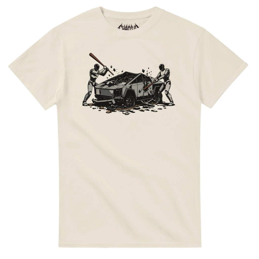 off-white Raze Against the Machine t-shirt featuring an edgy streetwear illustration of robots striking a futuristic vehicle.