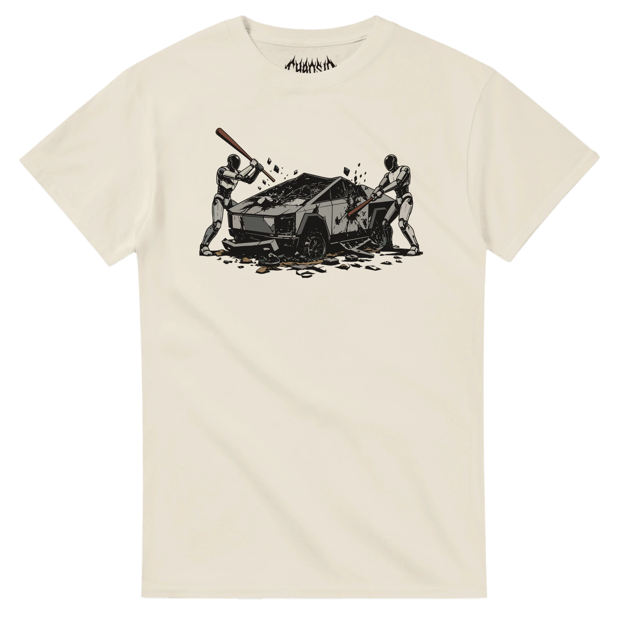 off-white Raze Against the Machine t-shirt featuring an edgy streetwear illustration of robots striking a futuristic vehicle.