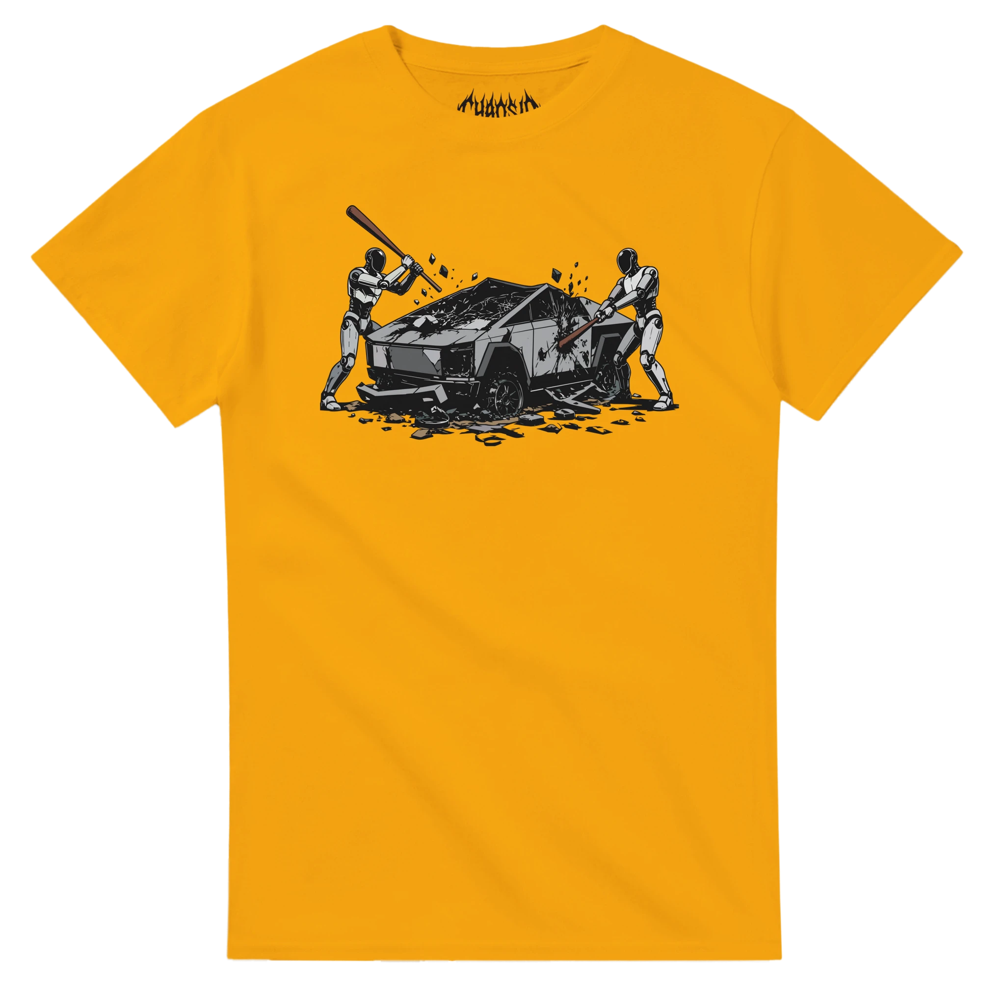 Vibrant orange Raze Against the Machine graphic tee with an anarchist cyberpunk aesthetic showing a raw anti-tech riot