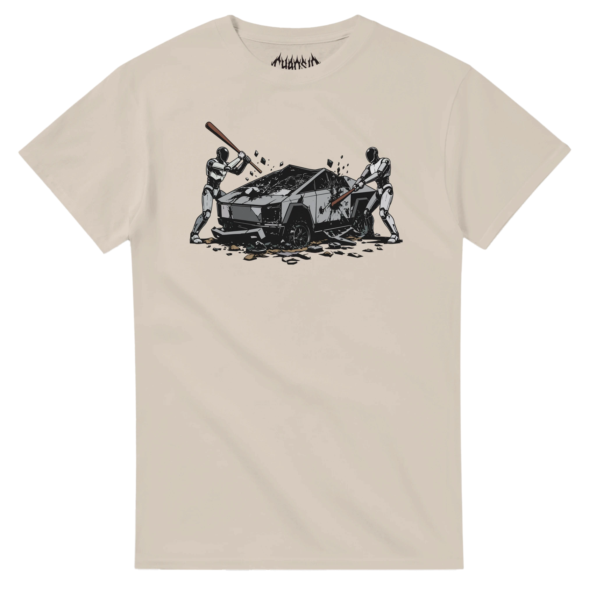 Sand colored Raze Against the Machine t-shirt featuring an edgy streetwear illustration of robots striking a futuristic vehicle