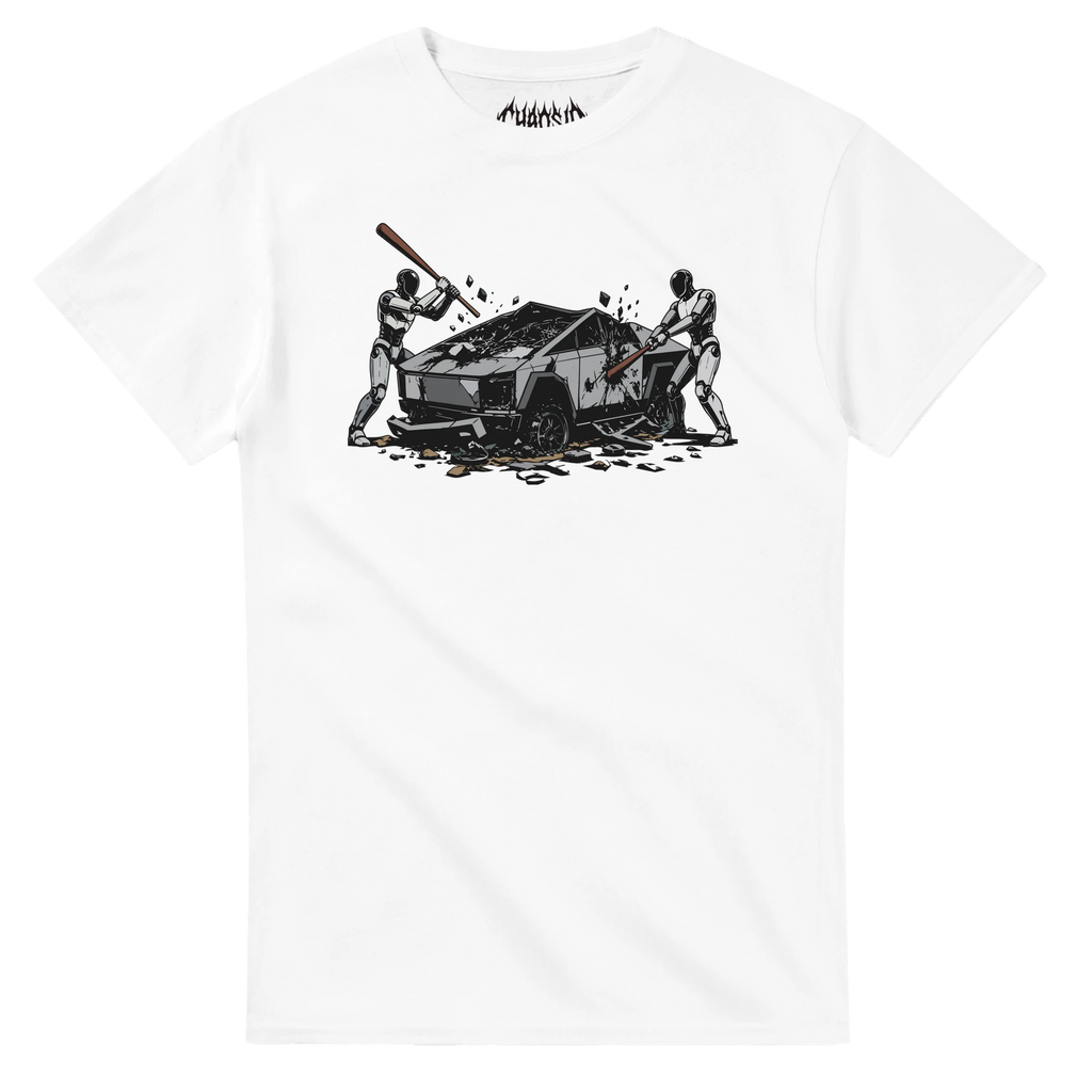 White Raze Against the Machine graphic tee with a raw cyberpunk design, capturing rebel androids smashing a futuristic car in a loss of control scene