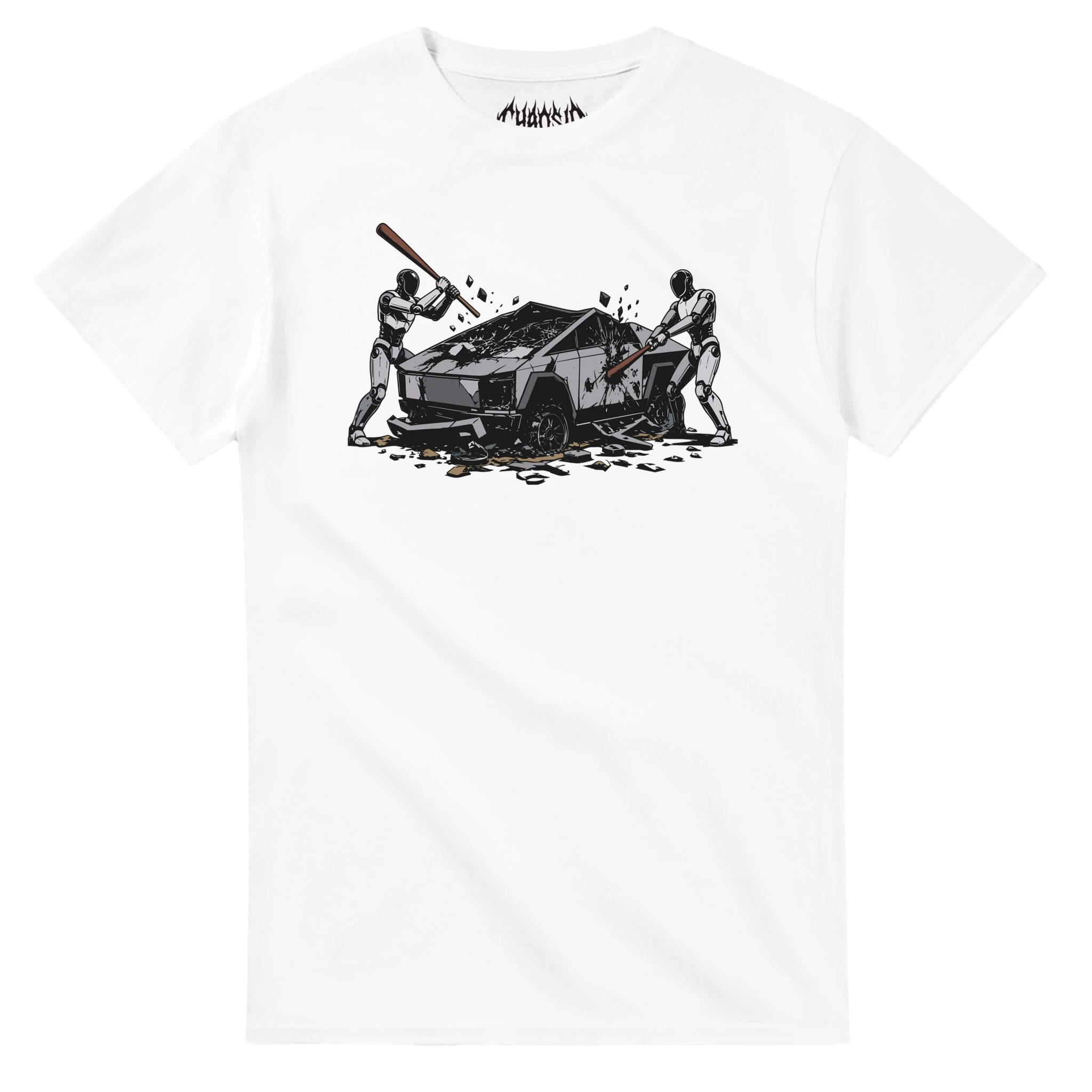 White Raze Against the Machine graphic tee with a raw cyberpunk design, capturing rebel androids smashing a futuristic car in a loss of control scene