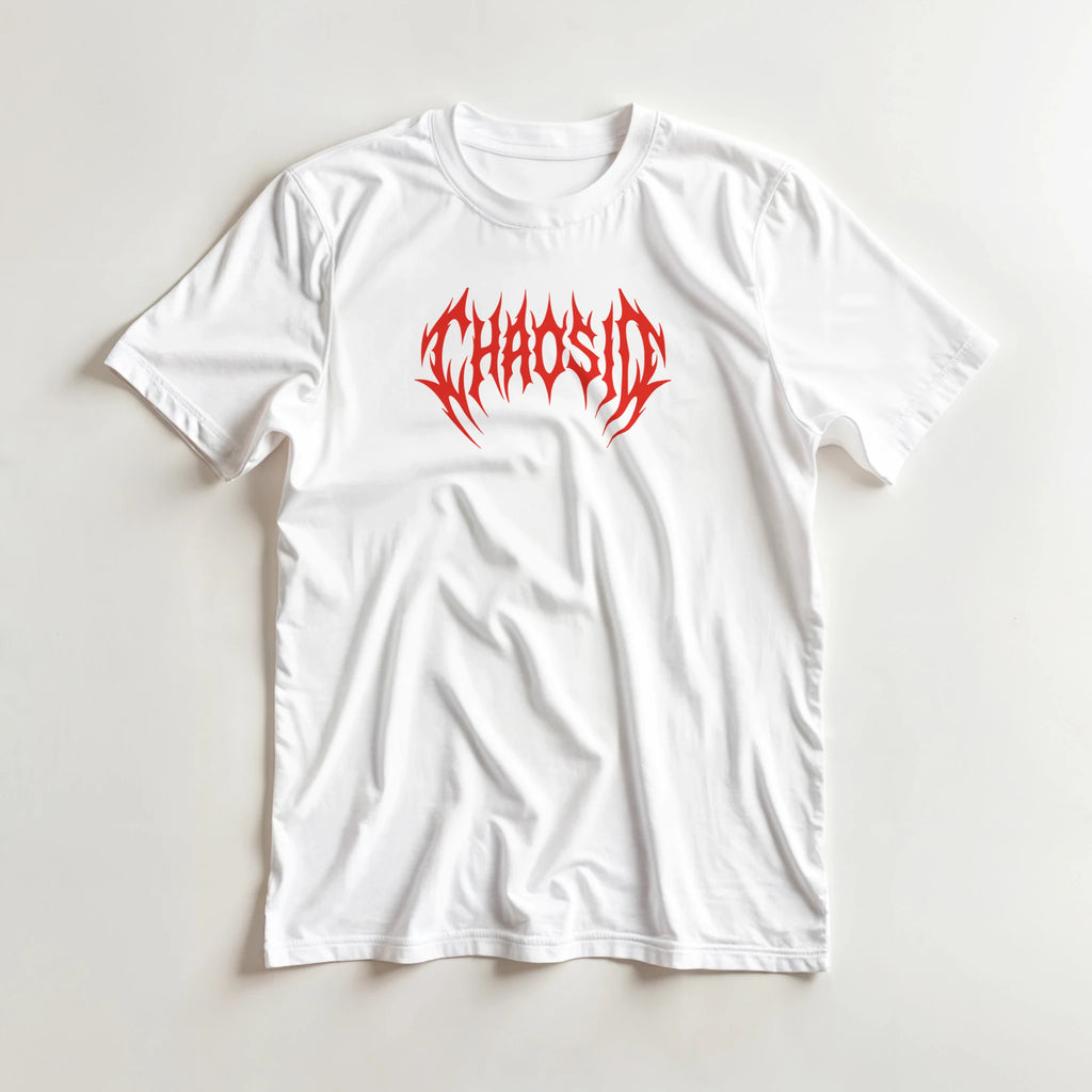 ChaosID red logo, white tee, skatewear clothing store, online shop