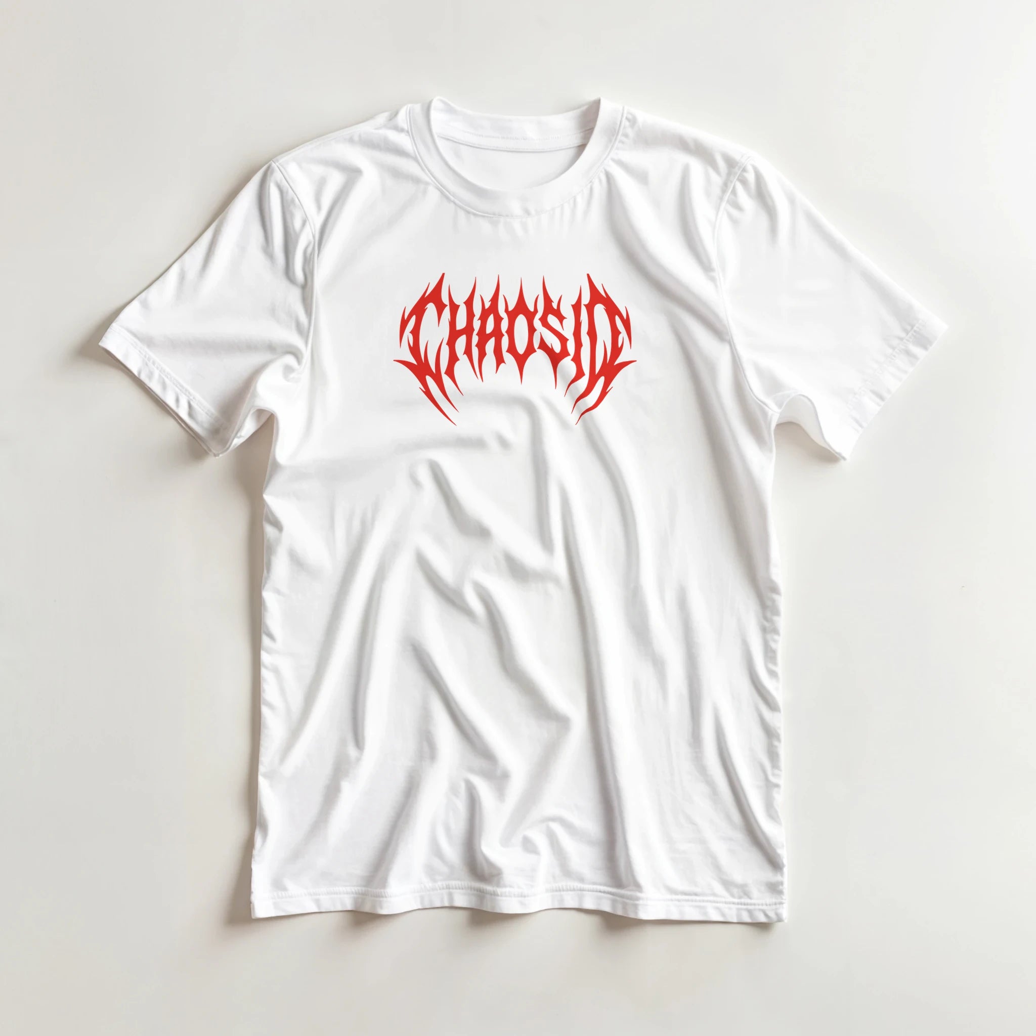 ChaosID red logo, white tee, skatewear clothing store, online shop
